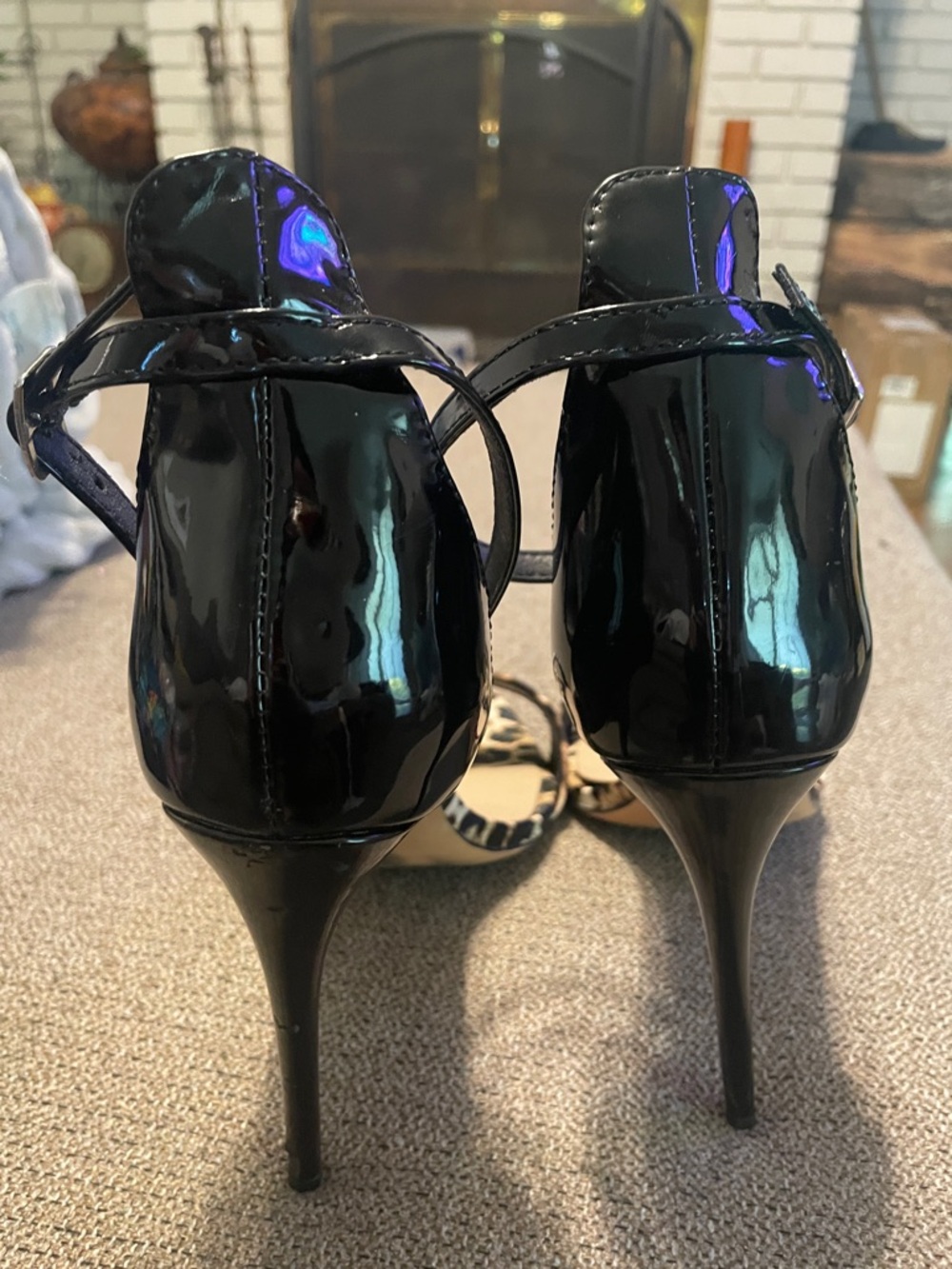 Leopard Print Pointed Toe Ankle Strap Heels - Black/Tan - Picture 6 of 7